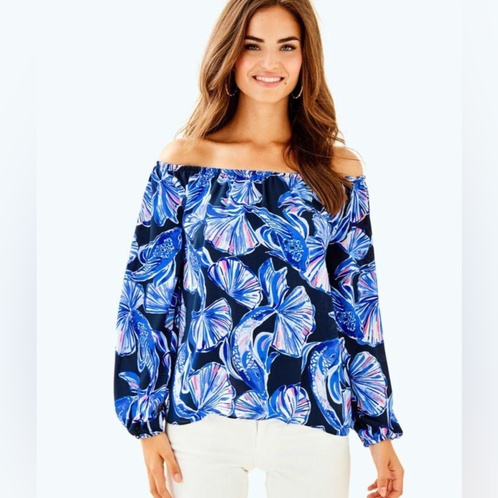Lilly Pulitzer Women's Lou Off The Shoulder Blouse Tropical Fish Resort Size XXS